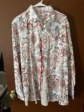 TAVIN White Button-Up Shirt with Red & Blue Paisley Print